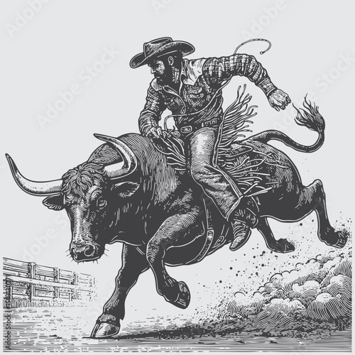 A cowboy rides a bull in a rodeo