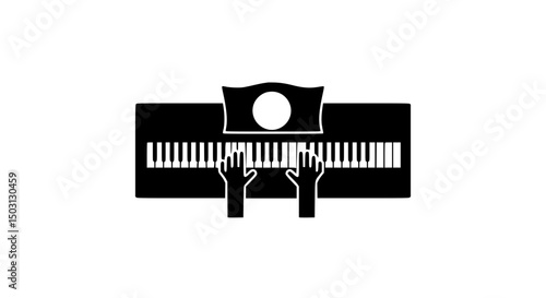 Hands playing piano black and white icon