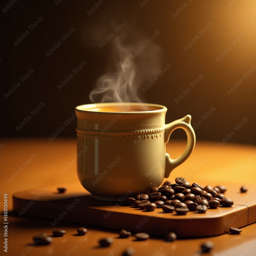 Fototapeta premium Hot espresso drink with roasted coffee beans and smoke in a brown mug