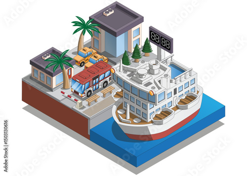 Sea passenger port. Isometric. Isolated on white background. Vector illustration.