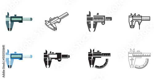 set of caliper measurement icons, vector illustrations for precision engineering and workshop tools