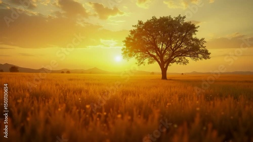 Solitary tree standing in vast golden field at sunset with soft volumetric light, cinematic sky and peaceful warm atmosphere captured in high-detail landscape video perspective

