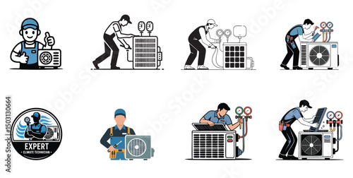 set of air conditioner technician icons, vector illustrations for hvac repair and climate control service