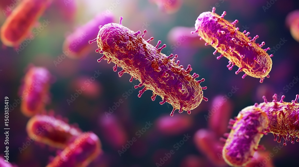 Fototapeta premium Purple orange bacteria microorganism pathogen close up cellular structure microscopic biology science image