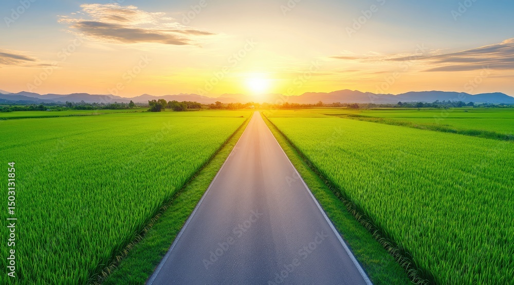 Obraz premium Asphalt road through vibrant green rice paddies at sunset
