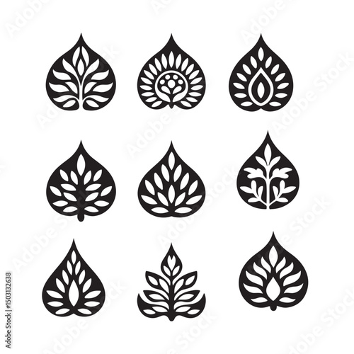 A collection of nine symmetrical, stylized leaf-shaped decorative motifs, presented in a clean black and white design.