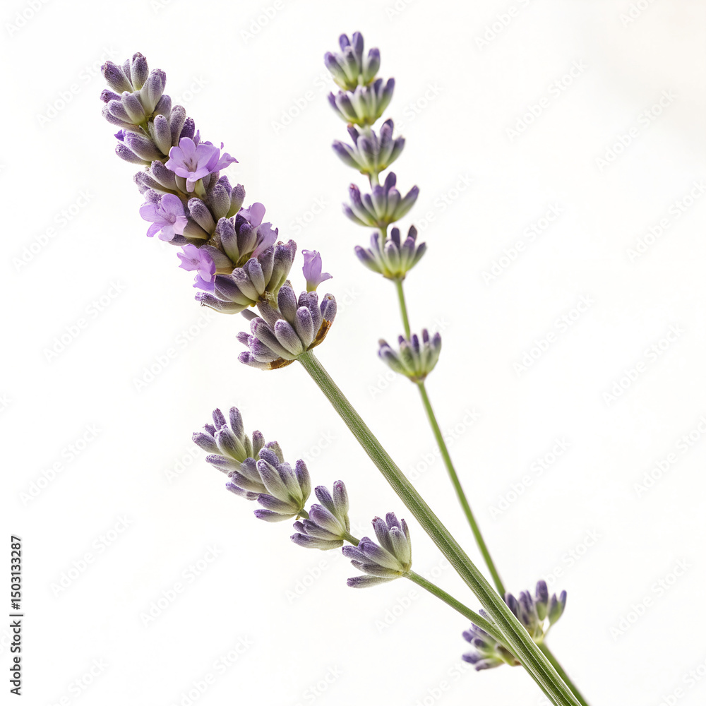 Obraz premium Flowers, buds and leaves of lavender on white background.Lavandula angustifolia is its scientific name.