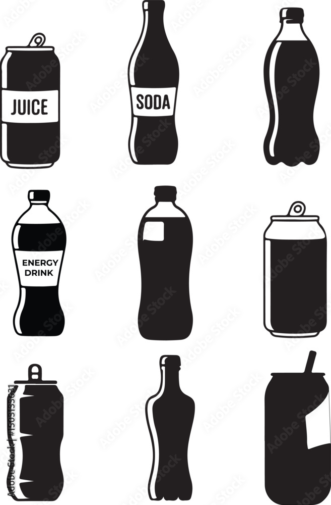 Fototapeta premium Simple set of black and white silhouette icons of different beverage containers, including cans and bottles of juice, soda, and energy drinks.