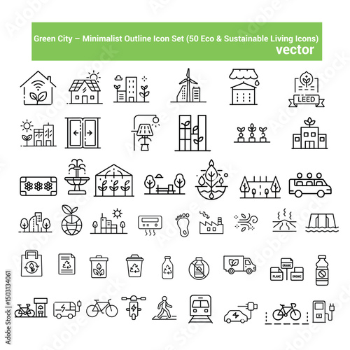 Green City Eco & Sustainable Living Line vector Icons Set 