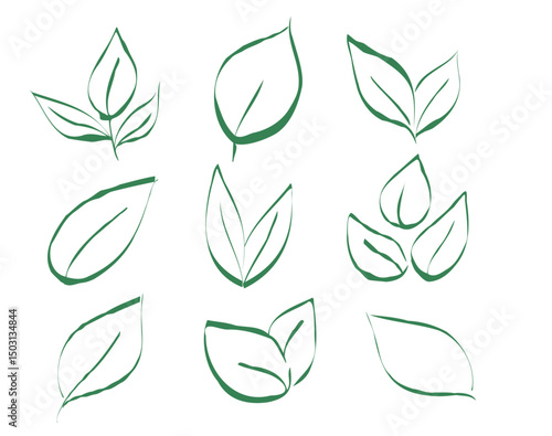Cartoon collection of hand-drawn green leaf outlines vector illustration. Eco-friendly, botanical and natural design elements