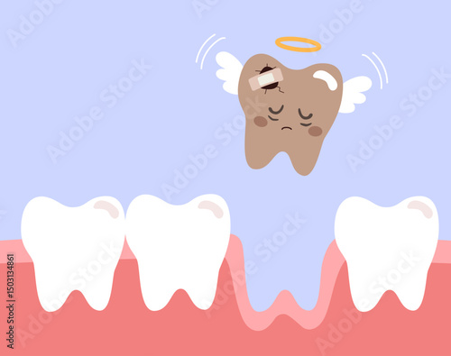 Cartoon vector illustration of a dark rotten tooth with angel wings leaving the gums, symbolizing dental decay and oral health awareness