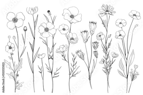 Botanical abstract line arts. Bouquets of herbs, flowers, leaves and branches. Hand drawn minimal design. Perfect for wallpaper, template, banner, wall decor, print postcard cover. Vector illustration