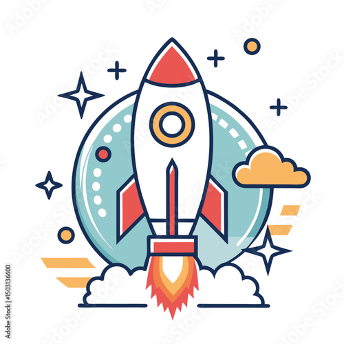 Colorful cartoon rocket ship taking off into the sky with clouds and stars around