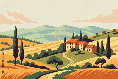 Tuscan Countryside Landscape: Rolling Hills, Houses & Cypress Trees