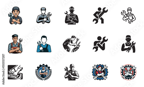 set of mechanic icons, mechanic character with wrench vector illustrations, automotive repair professional and skilled labor service

