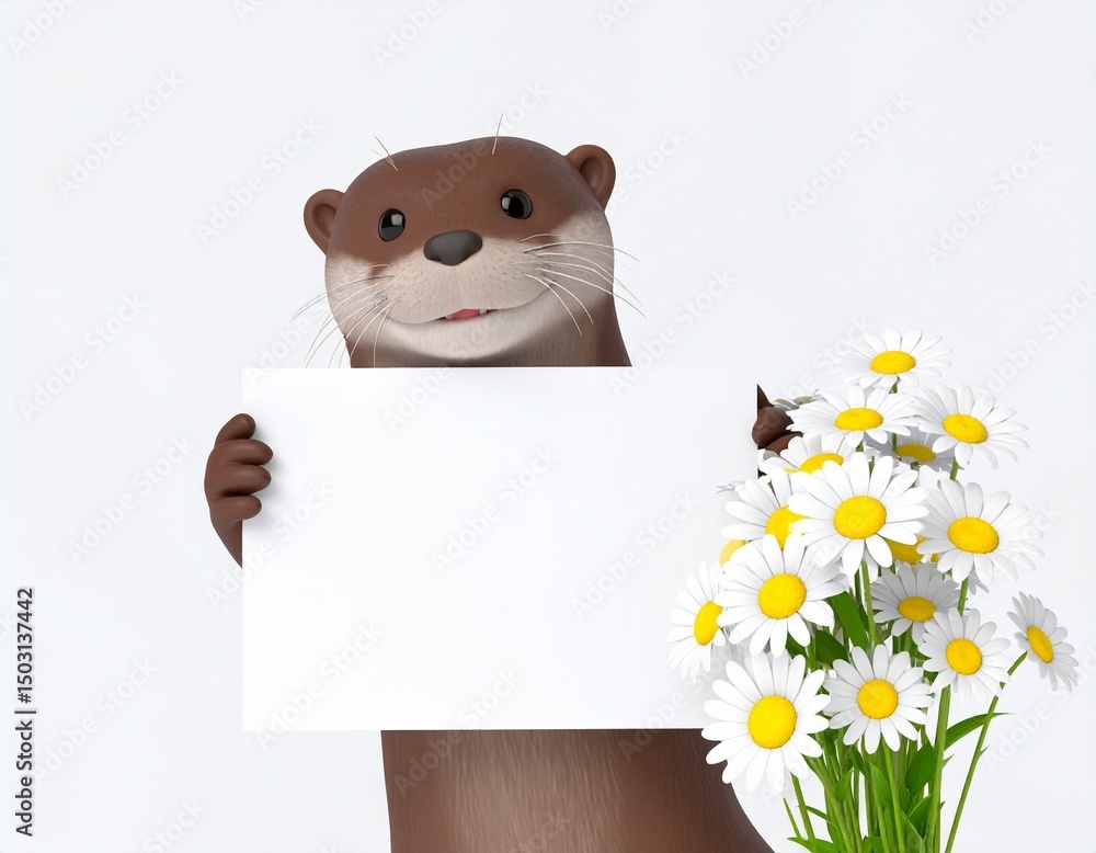 Obraz premium Otter birthday card with flowers cartoon 