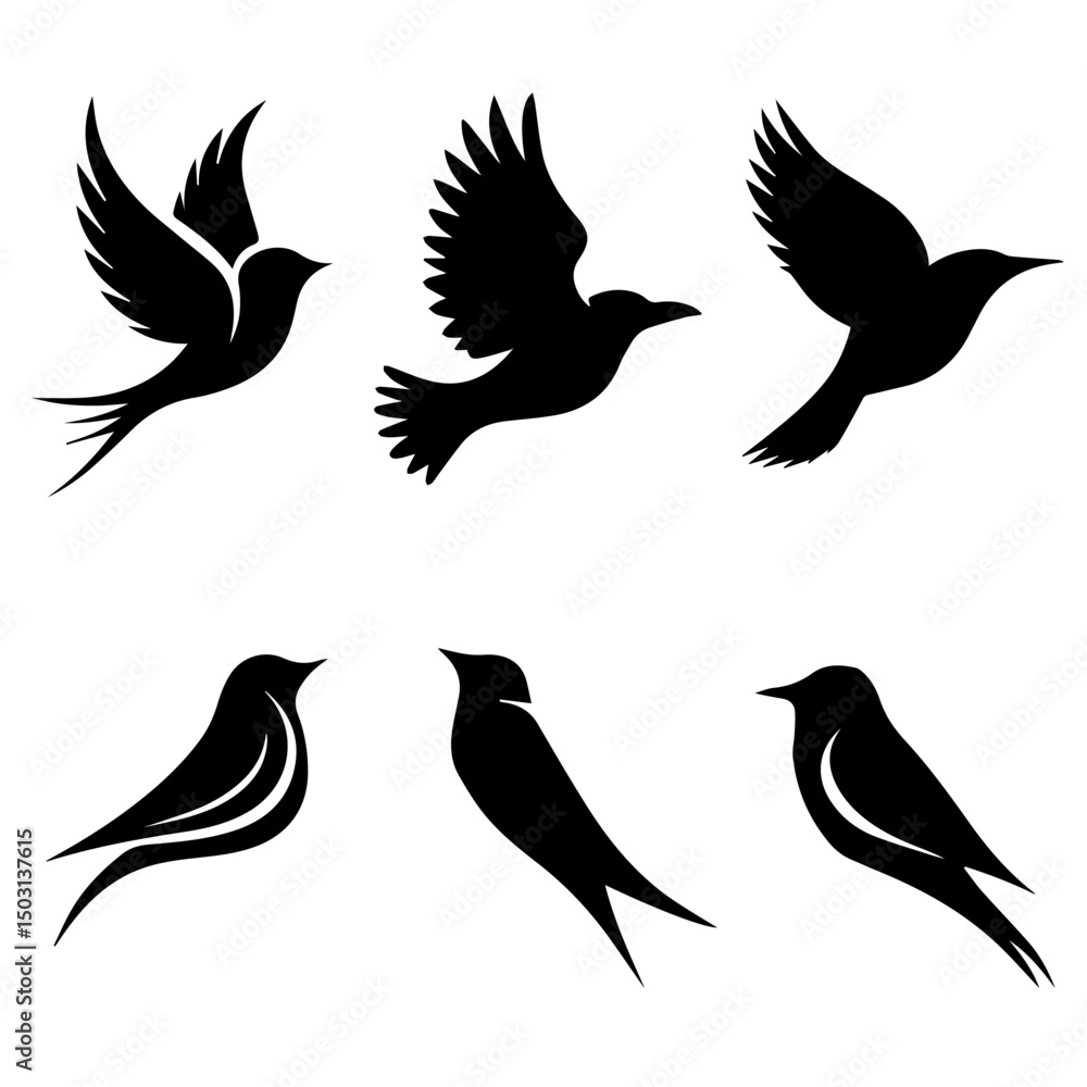 Naklejka premium Collection of six unique bird silhouettes in various poses, including perched and flying forms, rendered in black on white, showcasing avian diversity and graphic elegance.