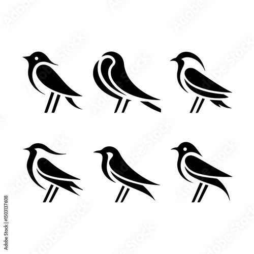 Collection of six unique bird silhouettes in various poses, including perched and flying forms, rendered in black on white, showcasing avian diversity and graphic elegance.