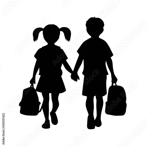 Kids Walking to School Silhouette – Boy and Girl with Backpacks Icon