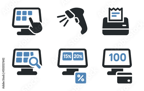 Two-Color vector icons of point-of-sale systems: touch interface, barcode scanner, receipt printer, product lookup. Tip selection, total amount icon, tax calculation, split payment.