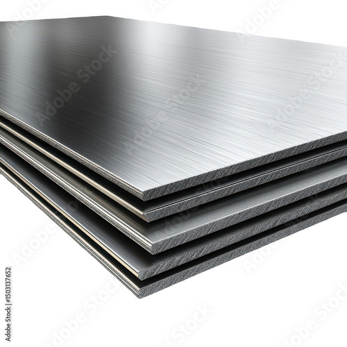 Stack of aluminum metal sheets isolated on transparent background