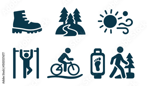 Two-Color vector icons of outdoor activity: hiking boots, forest trail, sunshine icon, clean air. Park workout, cycling path, step counter, nature walk.