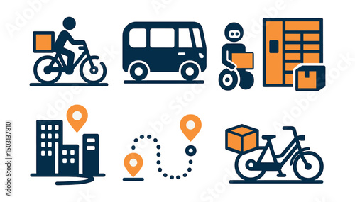 Two-Color vector icons of last-mile solutions: delivery e-bike, compact shuttle, ride-on robot, smart locker. Urban hub, last-mile route, parcel drop-off, e-cargo bike.