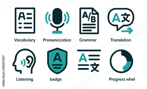 Two-Color vector icons of language learning: vocabulary list, pronunciation mic, grammar tool, translation icon. Listening exercise, language badge, dual-language text, progress wheel.