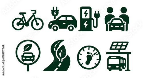 Two-Color vector icons of sustainable transport: e-bike, electric car, car charging station, shared mobility. Low-emission zone, green road icon, carbon footprint meter, solar bus stop.
