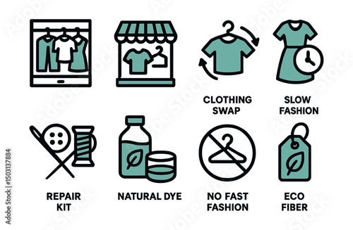 Two-Color vector icons of conscious fashion: capsule wardrobe, thrift shop icon, clothing swap, slow fashion. Repair kit, natural dye icon, no fast fashion, eco fiber tag.