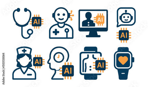 Two-Color vector icons of AI in health: AI stethoscope, diagnosis assistant, smart symptom checker, health chatbot. Virtual nurse, prediction icon, AI scan, wellness tracker.