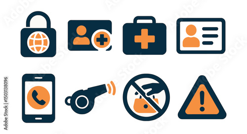 Two-Color vector icons of travel safety: travel lock, emergency contact card, health kit, copy of ID. Local number, safety whistle, no theft icon, alert mode.