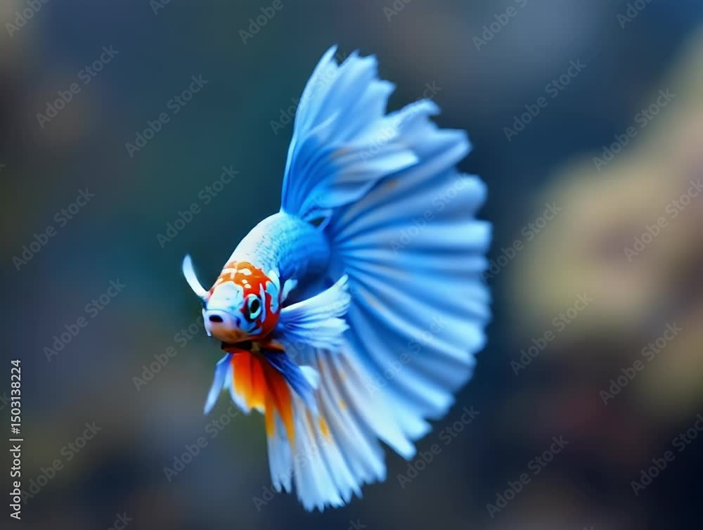 Vibrantly Colored Blue Guppy Fish Swimming Gracefully in Clear Water with Flowing Fins
