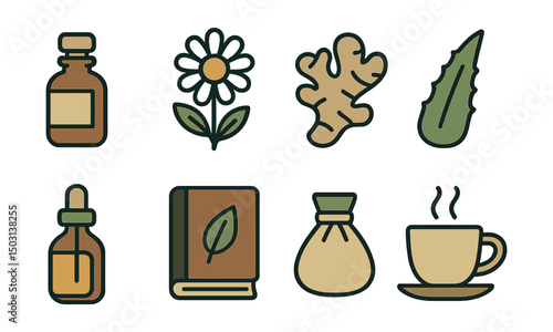 Outline with Fill vector icons of natural remedies: herbal tincture, chamomile flower, ginger root, aloe vera leaf, essential oil bottle, healing compress, wellness journal, tea cup with steam.