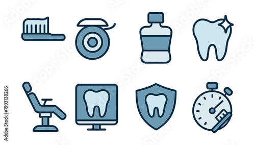 Outline with Fill vector icons of dental care: toothbrush, dental floss, mouthwash bottle, tooth with sparkle, dentist chair, dental x-ray, cavity prevention, brushing timer.
