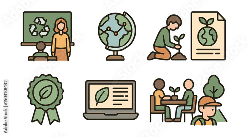 Outline with Fill vector icons of environmental education: eco classroom, globe chart, student planting tree, awareness flyer, green badge, sustainability course, workshop table, nature field trip.