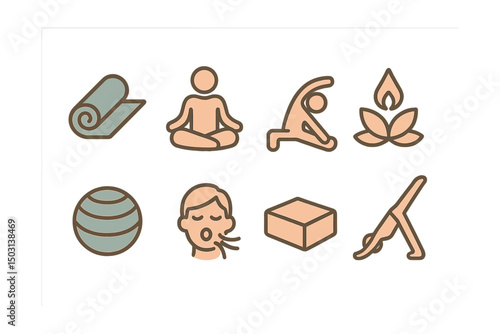 Outline with Fill style icons of yoga and flexibility: yoga mat, lotus pose, stretch icon, meditation symbol, balance ball, calm breath, yoga block, gentle flow icon.