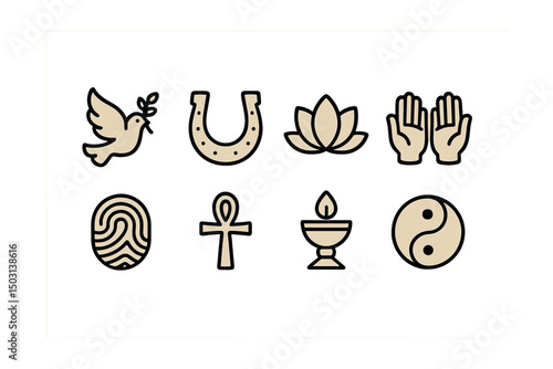 Outline with Fill style icons of symbolic meanings: peace dove, lucky charm, spiritual icon, blessing symbol, identity pattern, ancient sign, ritual object, belief circle.