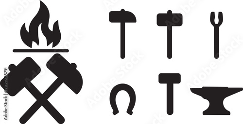 Icon set of blacksmith tools including hammers, anvil and fire