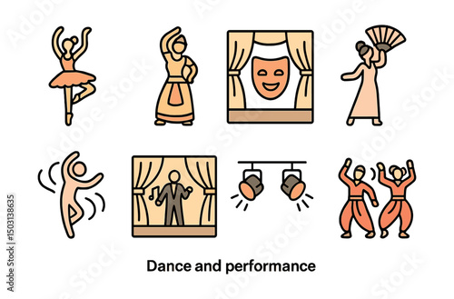 Outline with Fill style icons of dance and performance: ballerina pose, traditional dancer, mask on stage, fan dance, rhythm motion, musical theater, stage lights, cultural choreography.