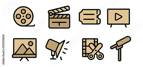 Outline with Fill style icons of cinema and media: film reel, director clap, cinema ticket, movie screen, cultural documentary, projection light, editing tool, microphone boom.