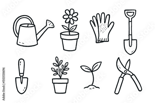 Hand-drawn vector icons of gardening and plants: watering can, flower pot, garden gloves, spade, small shovel, potted herb, sprout, pruning shears.