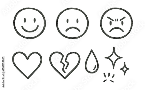 Hand-drawn vector icons of emotions and feelings: smiling face, sad face, angry face, heart, broken heart, tear drop, sparkles, blush.