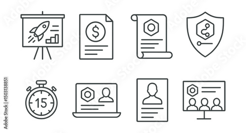 Line style icons of token launches: project pitch deck icon, whitepaper document, one-pager summary scroll, project roadmap badge, launch countdown timer, token project explainer, investor briefing