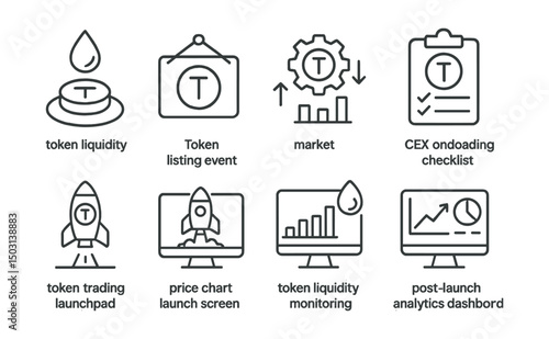 Line style icons of token launches: post-launch liquidity icon, token listing event, market making service, CEX onboarding checklist, token trading launchpad, price chart launch screen, token