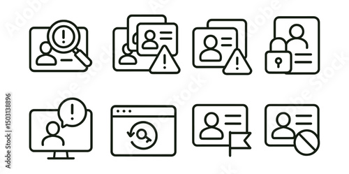 Line style icons of digital identity: identity fraud detection, duplicate ID alert, fake document warning, identity theft protection, suspicious login detector, account recovery process, flagged ID