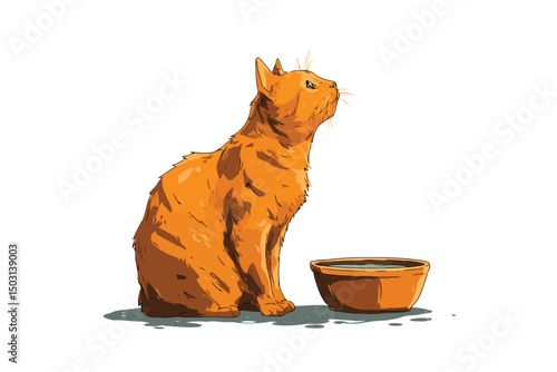 Cat Looking at Empty Bowl Expectantly hungry isolated