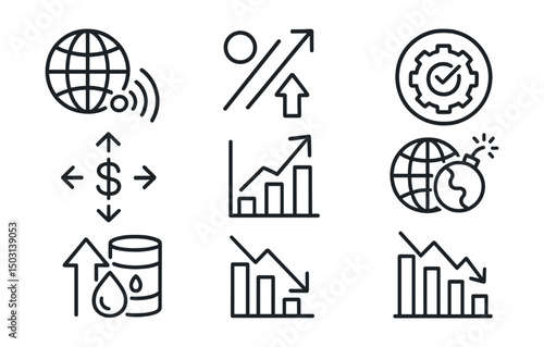 Line style icons of crypto forecasts: macroeconomic impact signal, interest rate forecast, CPI data release alert, dollar strength index, inflation correlation badge, geopolitical risk impact, oil