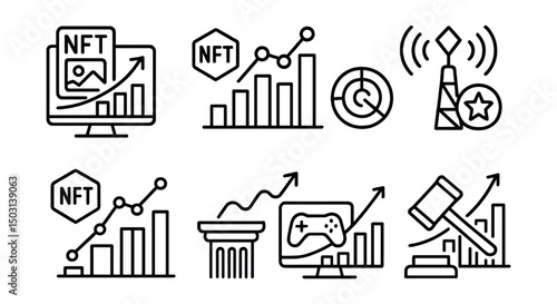 Line style icons of crypto forecasts: NFT floor price forecast, NFT volume trend, collector activity radar, rarity demand signal, blue-chip NFT prediction, art market surge icon, gamified asset
