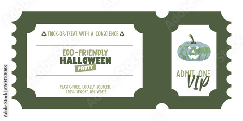 Eco-Friendly Halloween Party VIP Admission Ticket Design. Green sustainable Halloween party VIP ticket template featuring eco-conscious messaging and zero waste celebration. Vector illustration